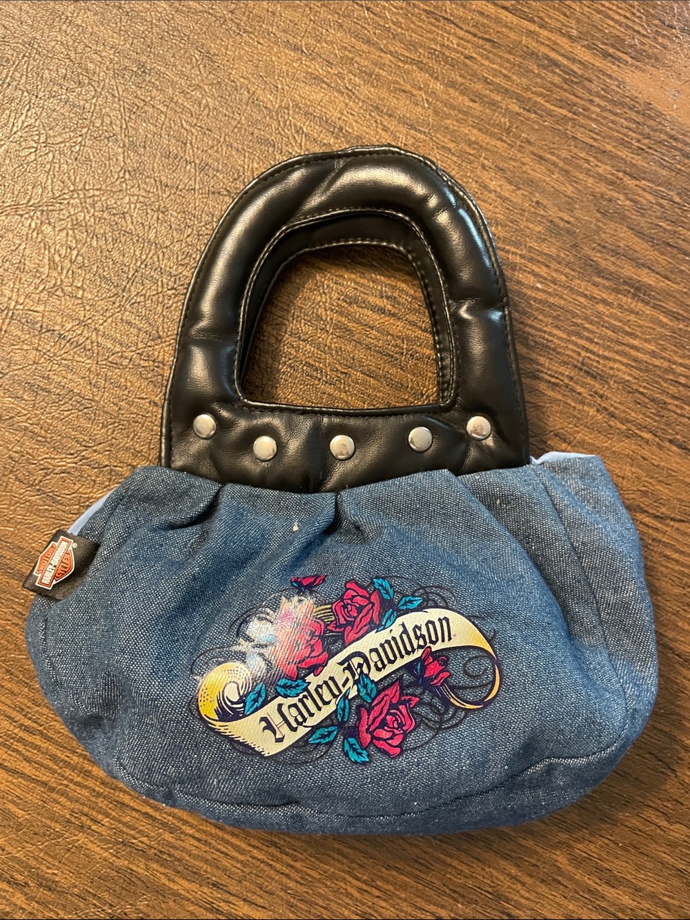 Harley-Davidson Denim Mini Bag with Black Handles and Rose Graphic